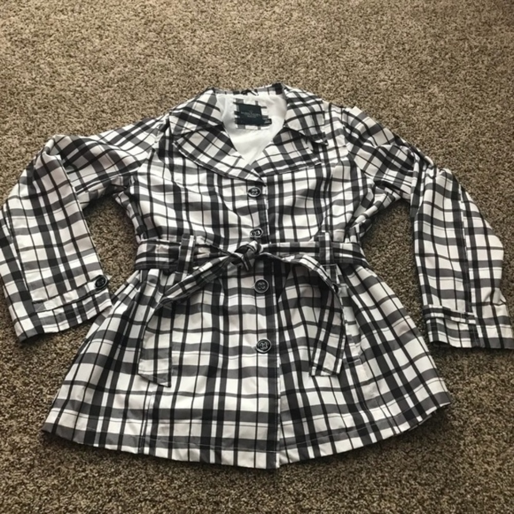 FADED GLORY Black White Plaid Trench Pea Coat L